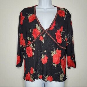 Vintage Fashion Bug black red rose babydoll grunge dark romantic top size Large